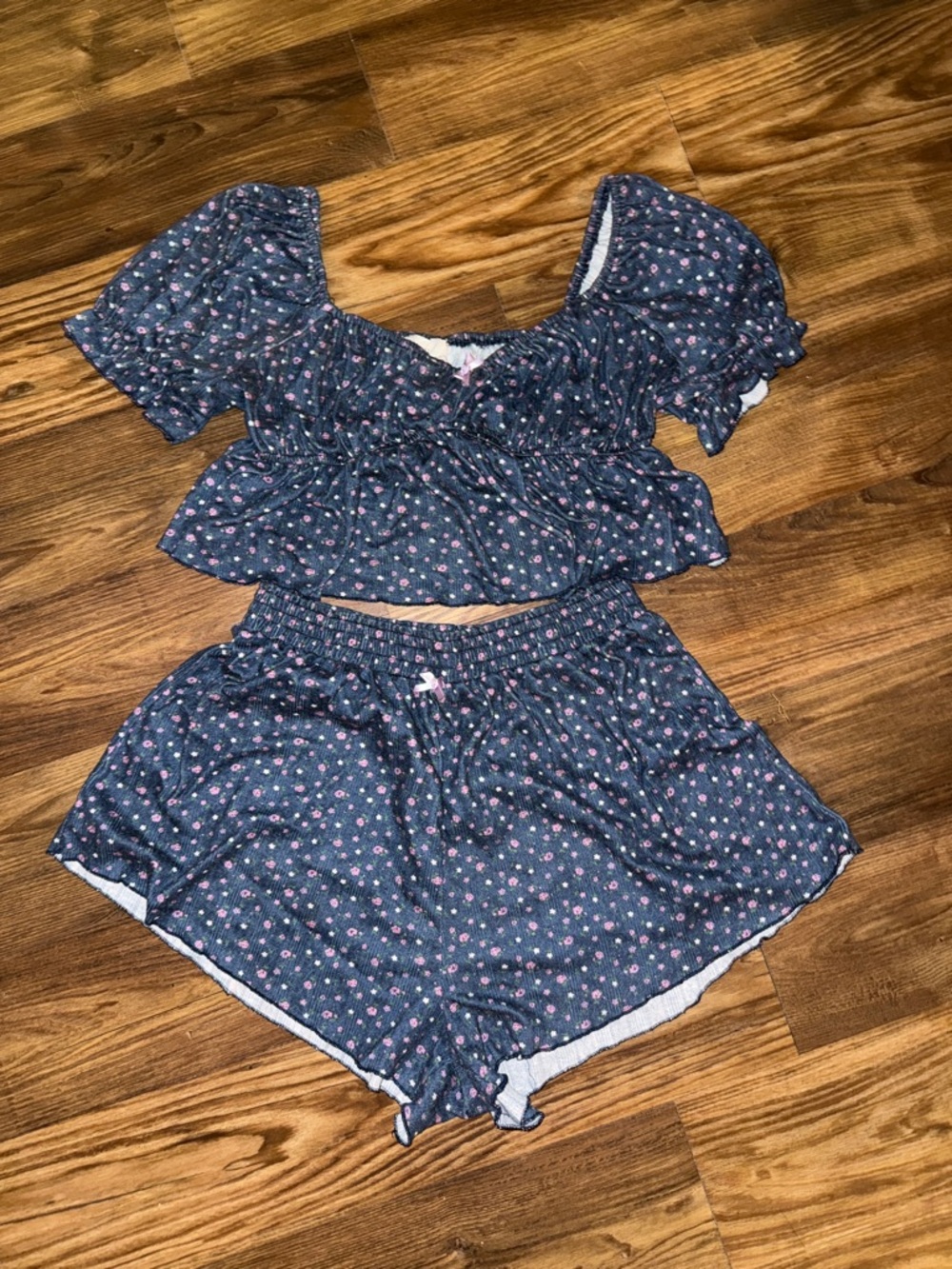 Navy Floral Lounge Set with Pink and Green Floral Pattern